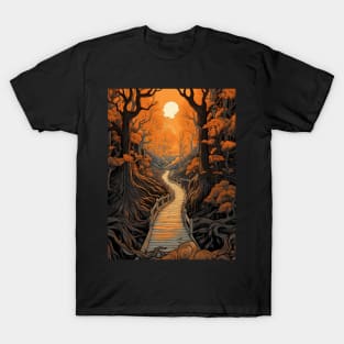 Highly Detailed Illustration of a Glowing Forest Path at Sunset T-Shirt